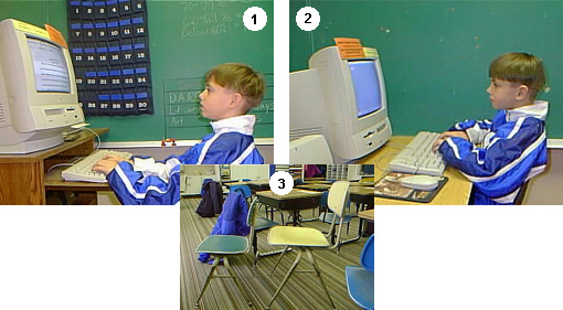 three pictures combined: picture 1 of child at computer desk with the monitor on an elevated stand , picture 2 has the monitor on the same level as the keyboard, and picture 3 shows two different height chairs.