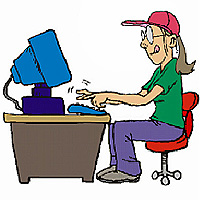 cartoon graphic of person sitting at computer desk typing on a keyboard